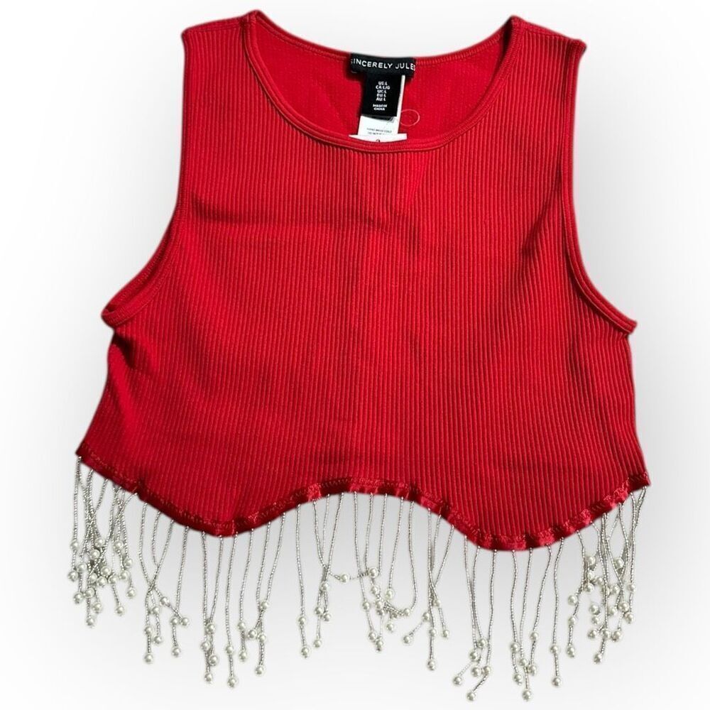 Brand New Sincerely Jules Women's Size Large Red Fringe Cropped Top Sleeveless